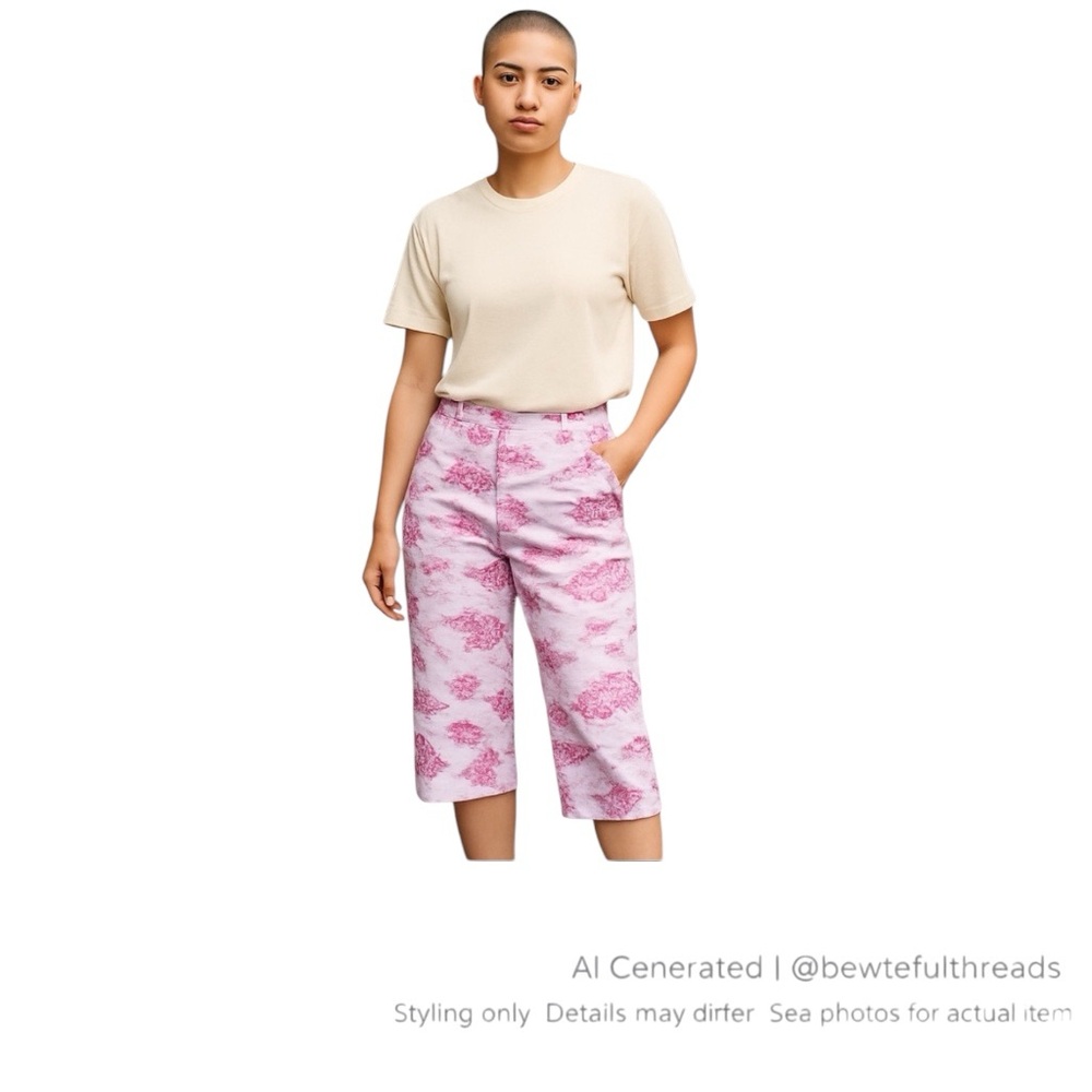 Vintage Pink Tropical Toile Capri Pants M 30” High Rise